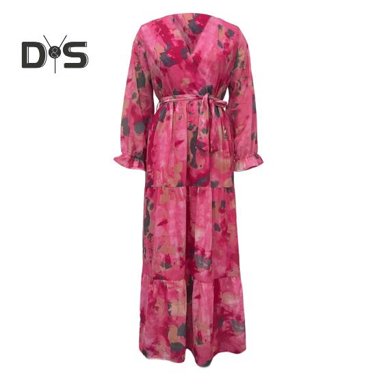 Женское вечернее платье в стиле пэчворк с V-образным вырезом на шнуровке на талии в богемном стиле с рукавами-фонариками плиссированное шифоновое платье макси с красочным принтом трапециевидной формы с большим подолом