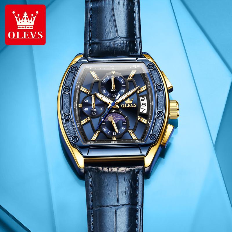 Men Watch Luxury Chronograph Quartz Watch Leather Waterproof Luminous Date Moon Phase Watches for Man Reloj