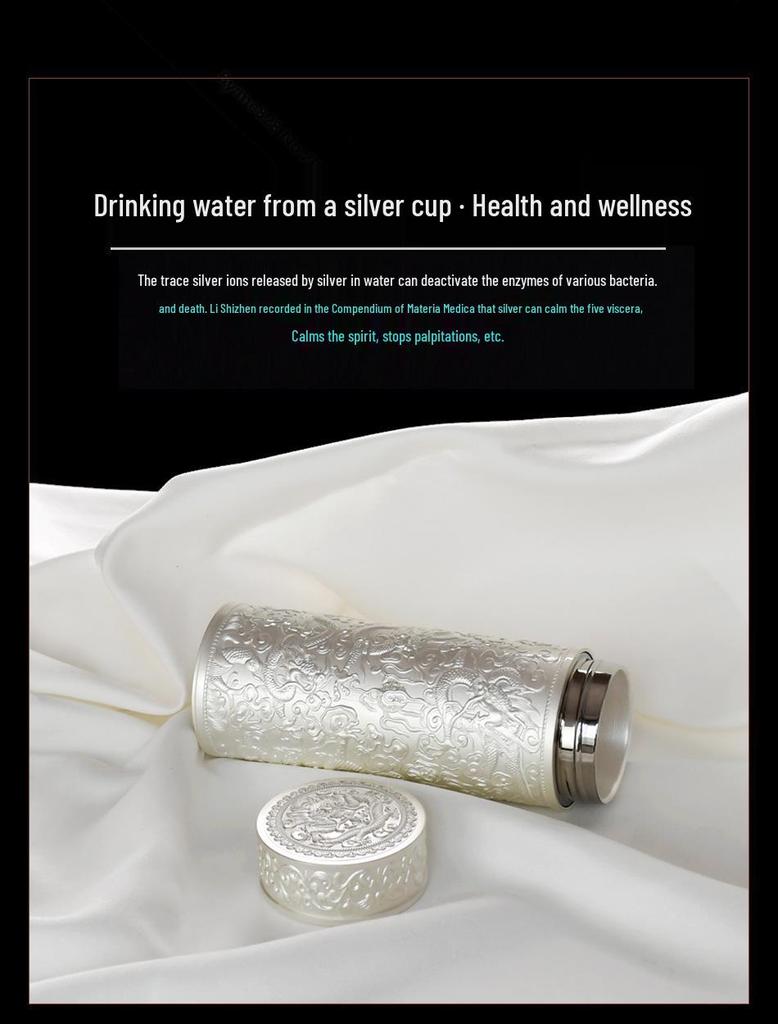 Pure Silver 9999 Thermal Water Cup - Nine Dragon, Hundred Blessings, Dragon & Phoenix Design