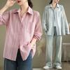 Осенняя свободная хлопковая и льняная полосатая женская рубашка с длинными рукавами