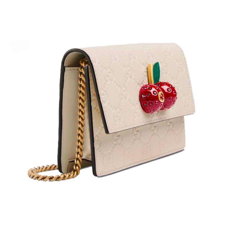 Gucci GG Marmont Chain Wallet Cherry Charm Ivory Leather 481291-0G6ET-8597
