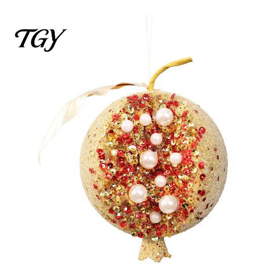 Red And Gold Baubles Handmade Glitter Christmas Tree Pendant, Imitation Pearls Pomegranate Shaped Decorations Baubles, Decorative Hanging Ornaments