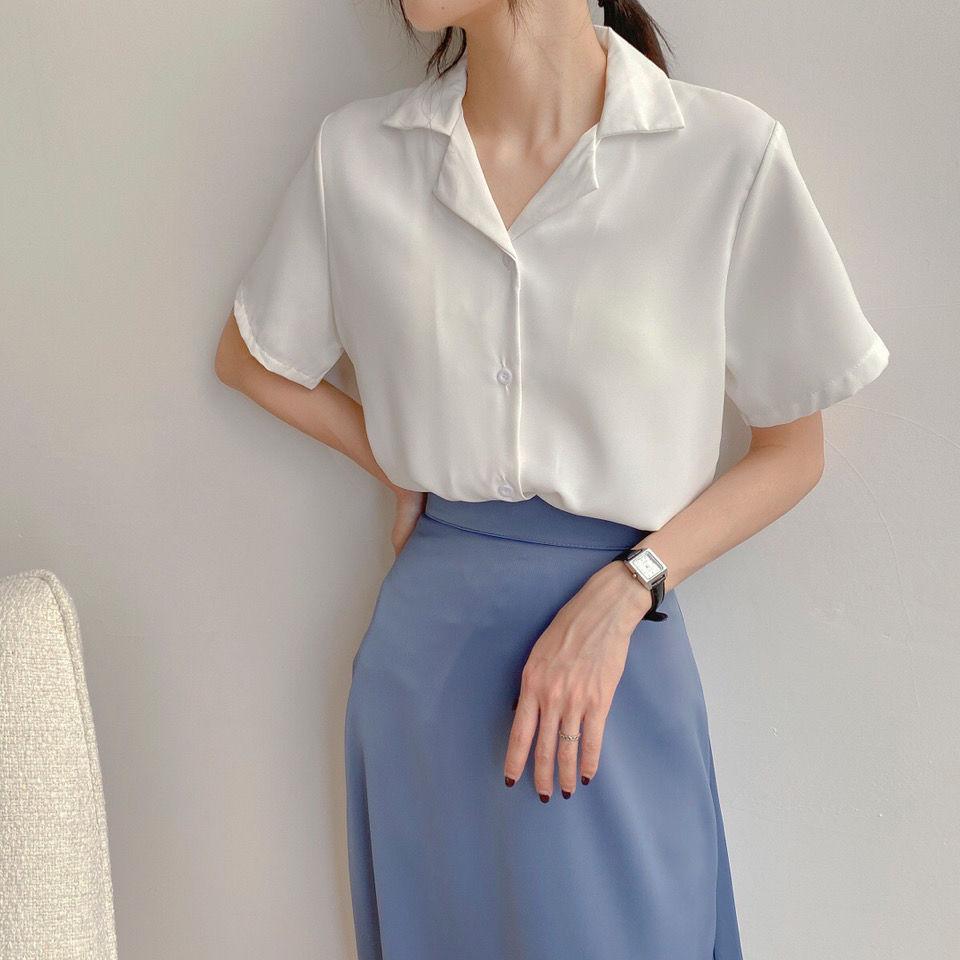 Office Lady Retro Korean Style Lapel Solid Short Sleeve Casual Shirt