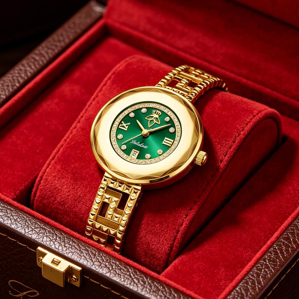 Yalalusi Luxury Emerald Green Ladies Wristwatch Geometric Gold Bracelet Crystal Dress Watch For Gift