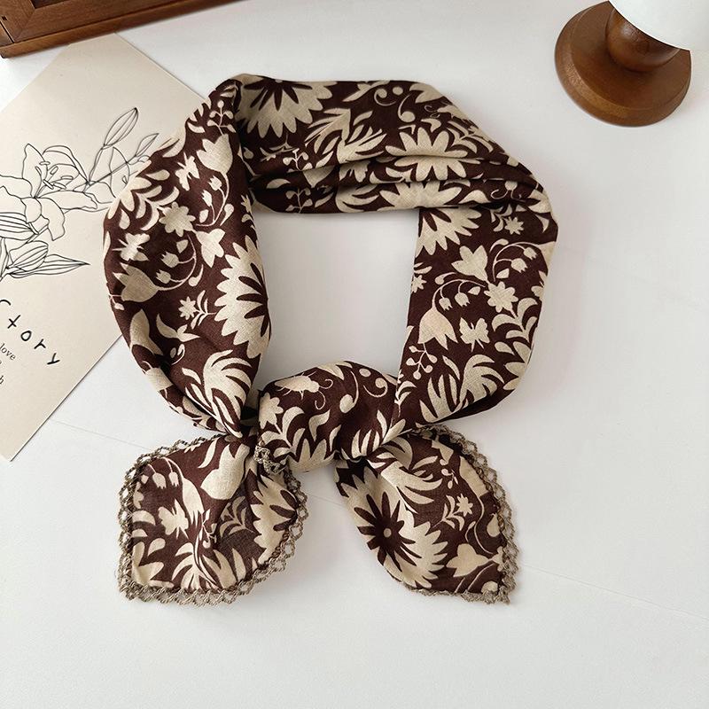 70% Cotton Linen Small Square Silk Scarf - Korean Style Floral Design for Versatile Neckwear and Decorative Use