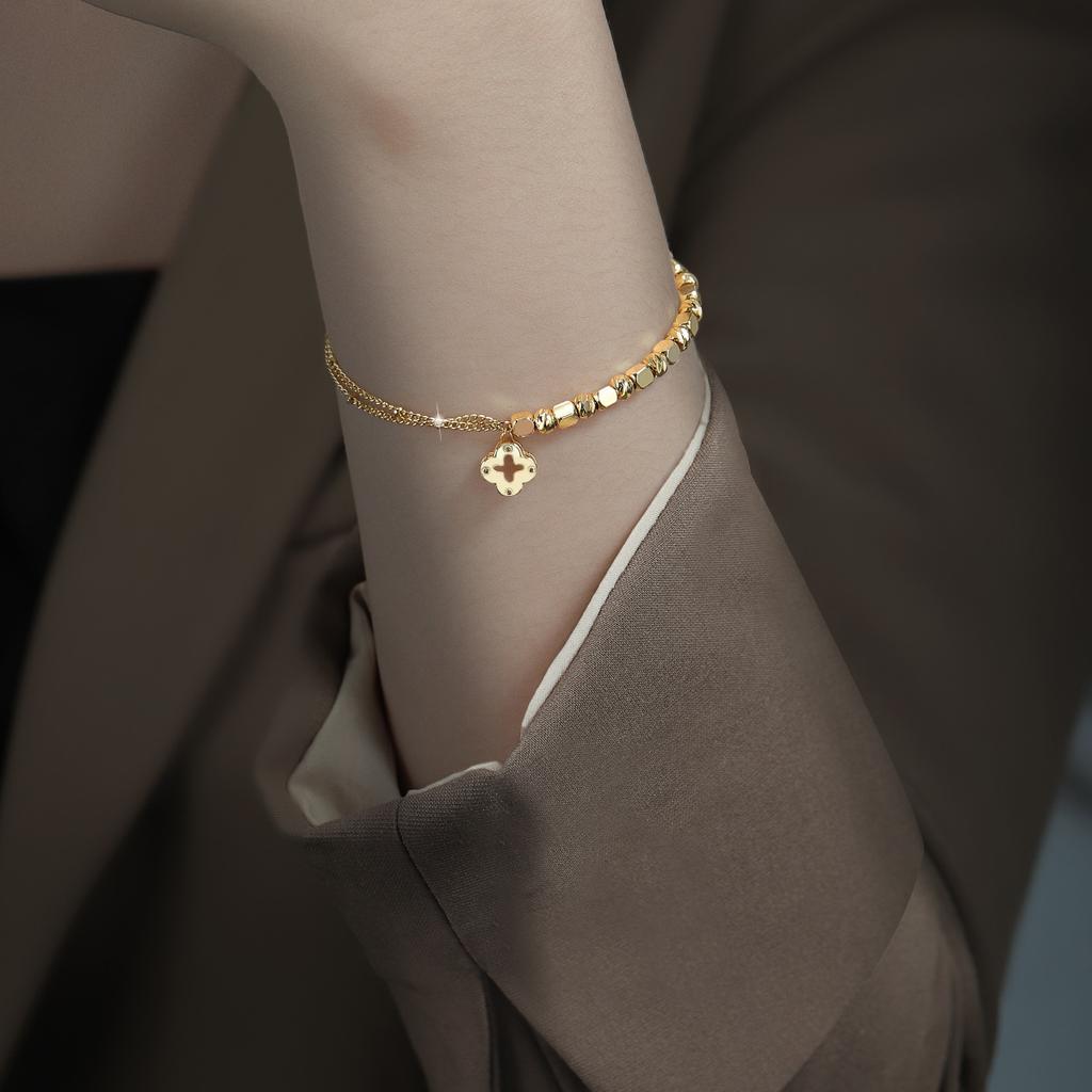 Hand Circumference 20cm Pink Fritillary Four-leaf Clover Bracelet Women's 18K Gold Niche Light Luxury