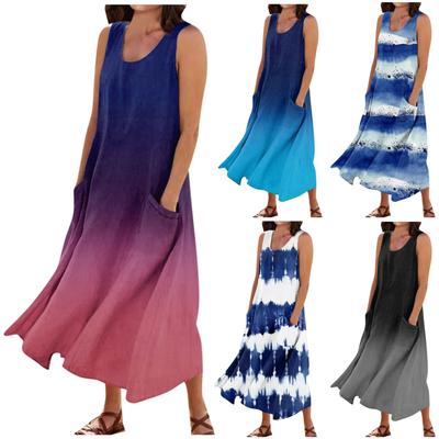 Женское летнее повседневное платье без рукавов с круглым вырезом и карманами