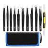 11-Piece Anti-Static ESD Tweezer Set with Stainless Steel Pointed, Curved, and Straight Tips In Canvas Bag for Hair and Eyelash Removal.