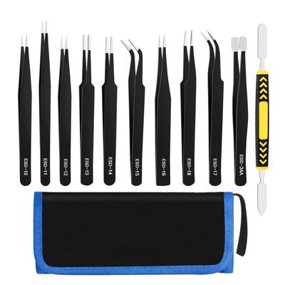 Набор из 11 антистатических пинцетов ESD с острыми, изогнутыми и прямыми кончиками из нержавеющей стали в холщовой сумке для удаления волос и ресниц.
