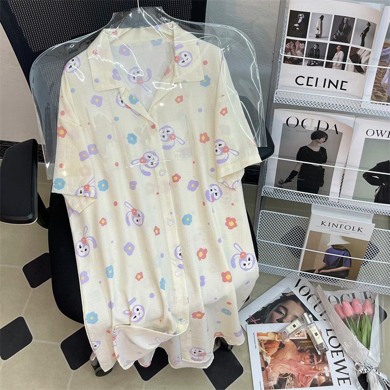 Xingdailu Cartoon Pattern Cardigan Loose Short Sleeve Summer Cute Cartoon Bubble Wrinkle Spring And Summer Loungewear