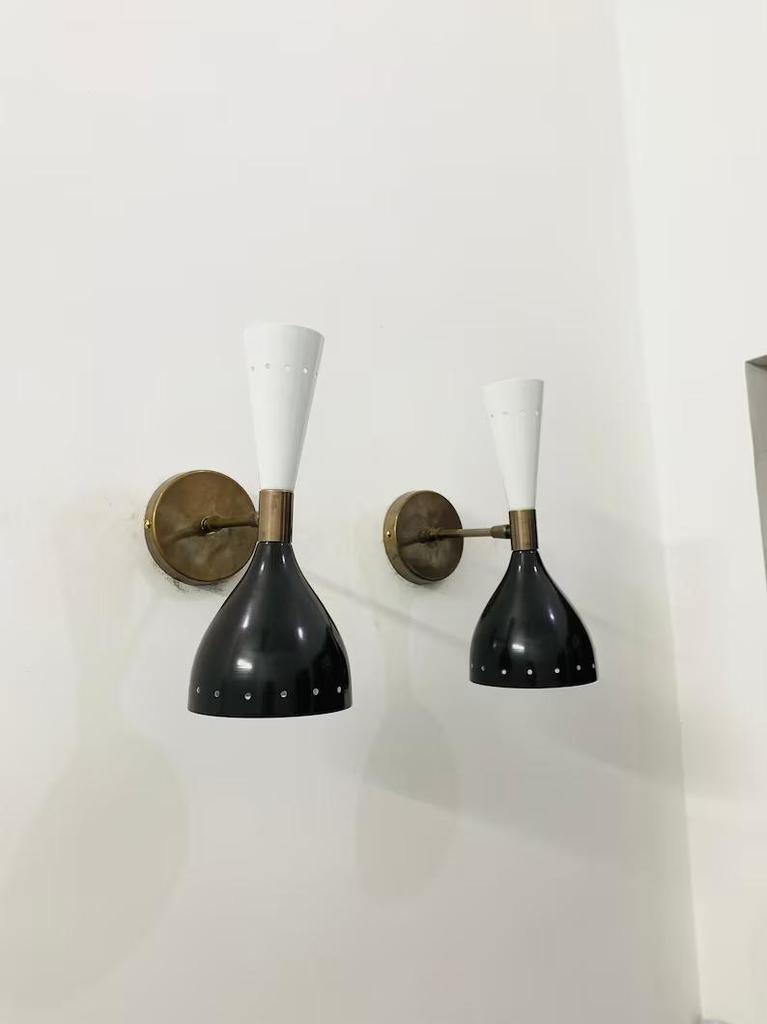 Mid Century Brass Diabolo Wall Sconce Pair: Italian Bedside Lamp