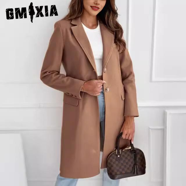 GMXIA Autumn Winter Simple Solid Color Medium Long Button-wool Coat Coat Women