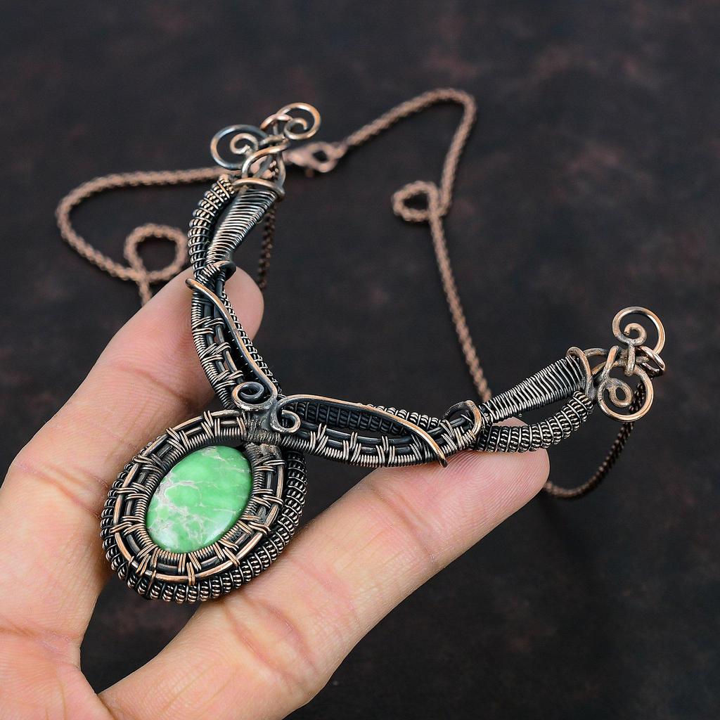 Ожерелье из варисцита, обернутое медной проволокой, ожерелье из натуральных драгоценных камней, уникальное ожерелье ручной работы, медные украшения из варисцита, подарки на годовщину