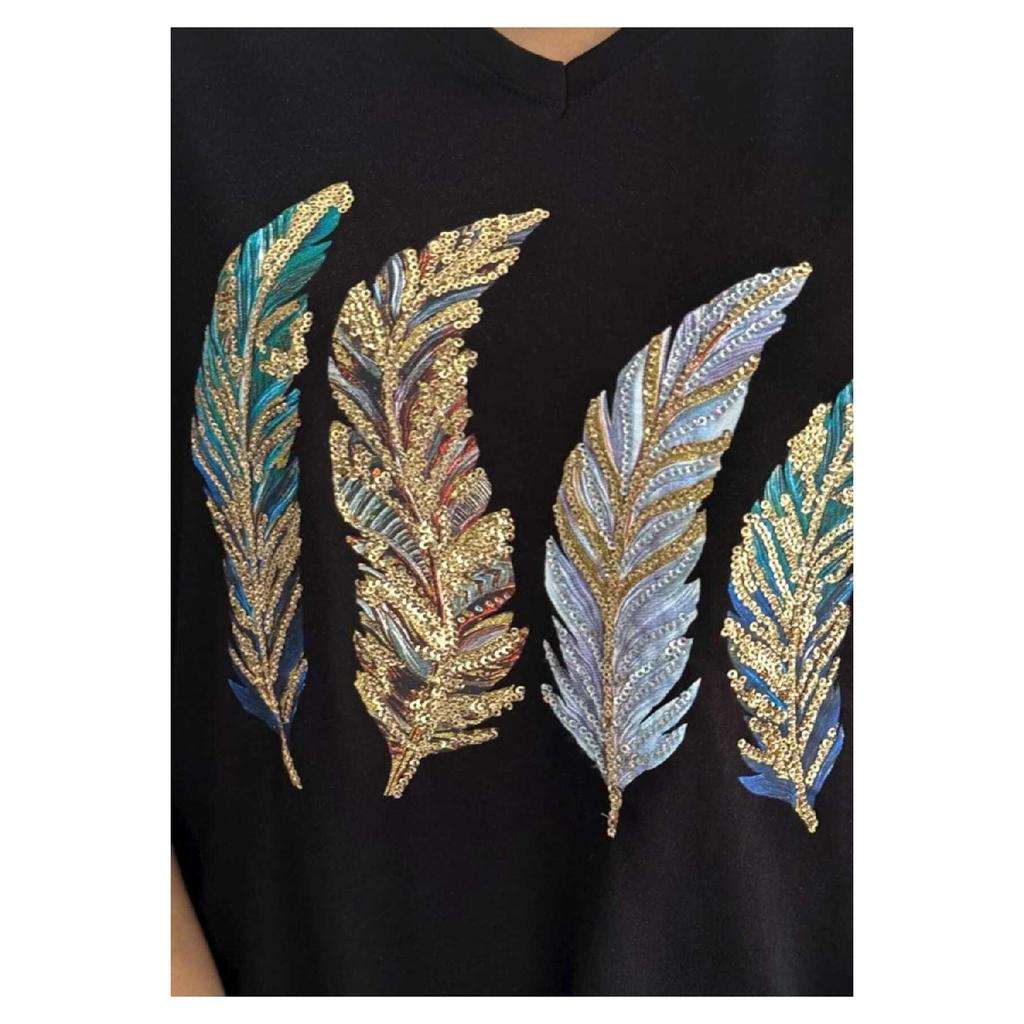 Женская черная футболка из 100 % хлопка с v-образным вырезом и вышивкой пайетками больших размеров