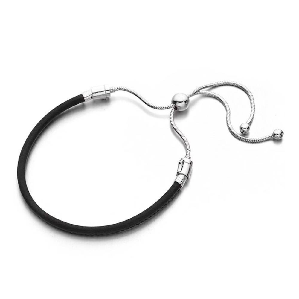 S925 стерлингового серебра момент черный кожаный браслет слайдер для женщин новогодний подарок на вечеринку модные ювелирные изделия
