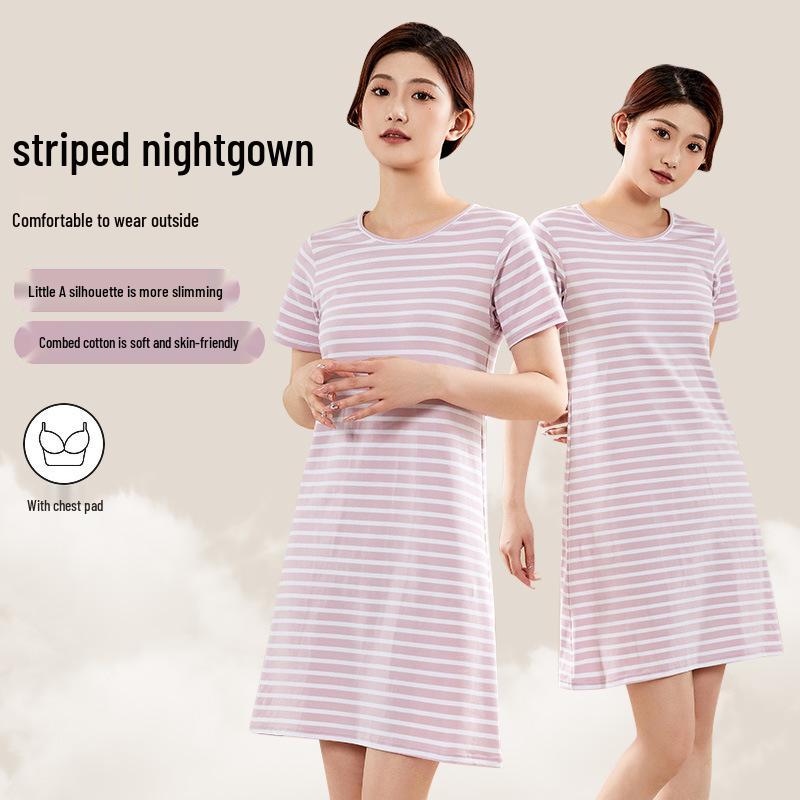 Women's Combed Cotton Pajama Dress with Built-in Bra Pads – Cool, Summer-Ready, Wearable Outdoors, All-Cotton Nightgown.