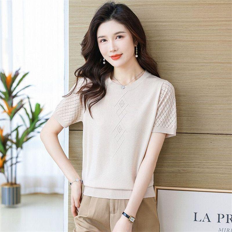 Женская летняя тонкая однотонная трикотажная футболка Hollow Ice Silk с коротким рукавом, новый модный топ с круглым вырезом