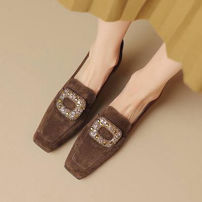 Весенние туфли из овечьей замши с квадратным носком на толстом высоком каблуке, винтажные женские туфли-лодочки с пряжкой с кристаллами