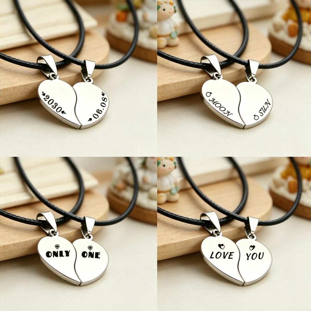 Personalized Stainless Steel Half Heart Couple Necklaces, Engravable Logo Pendants, Promotional Memorial Gifts
