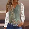 Женская футболка с принтом на пуговицах, кружевом, длинными рукавами, повседневная мода на выходные, базовый топ с V-образным вырезом