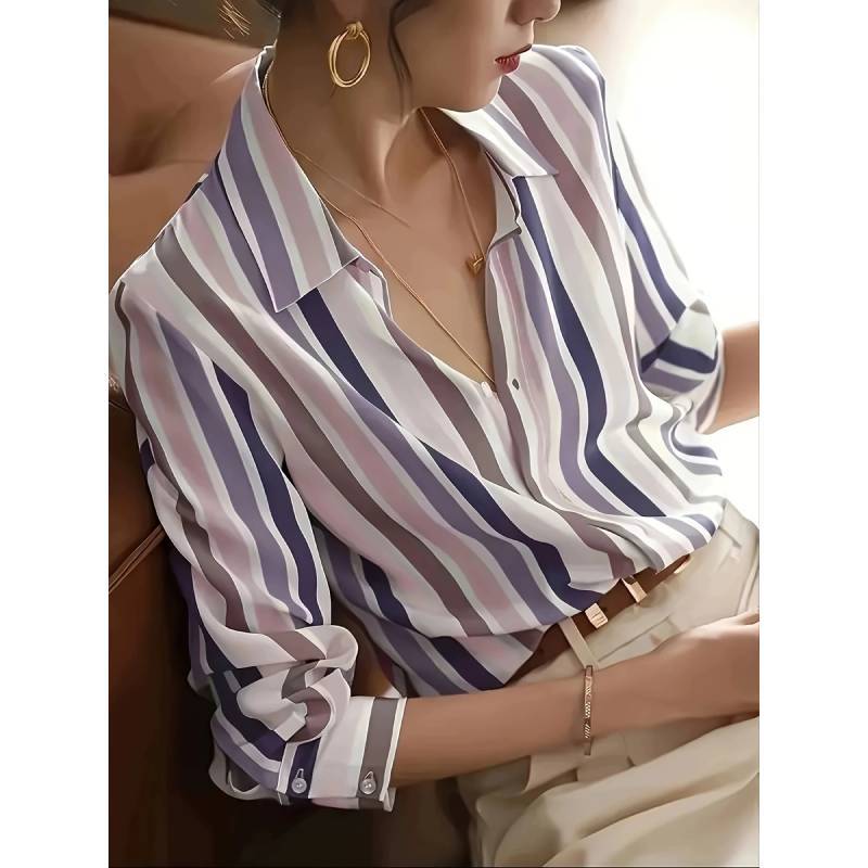 Womens Striped Long Sleeve Shirt With Spliced Fabric For Elegant Office Wear