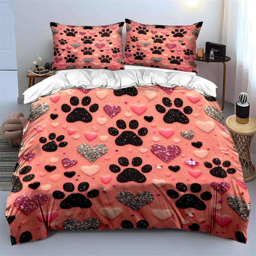 Glitter Paw Prints and Hearts Bedding Duvet Cover Set Duvet Cover Pillowcases  (1*Duvet Cover 2*Pillowcases, without duvet insert)