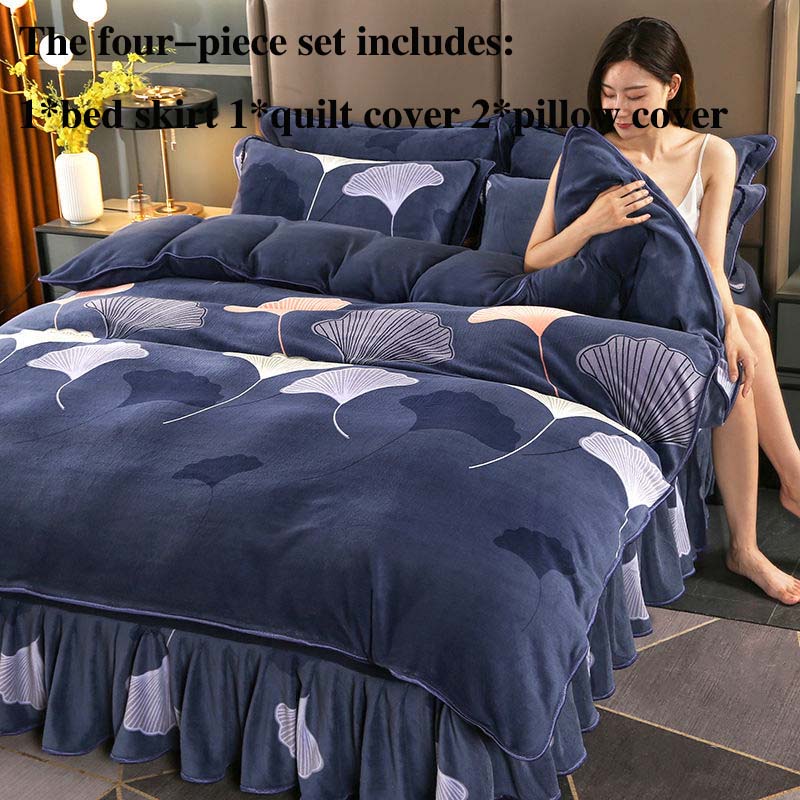 Костюм из четырех частей из молочного бархата плюс утепленное бархатное мягкое приятное для кожи постельное белье. Двусторонняя бархатная юбка-кровать устойчива к грязной зиме.