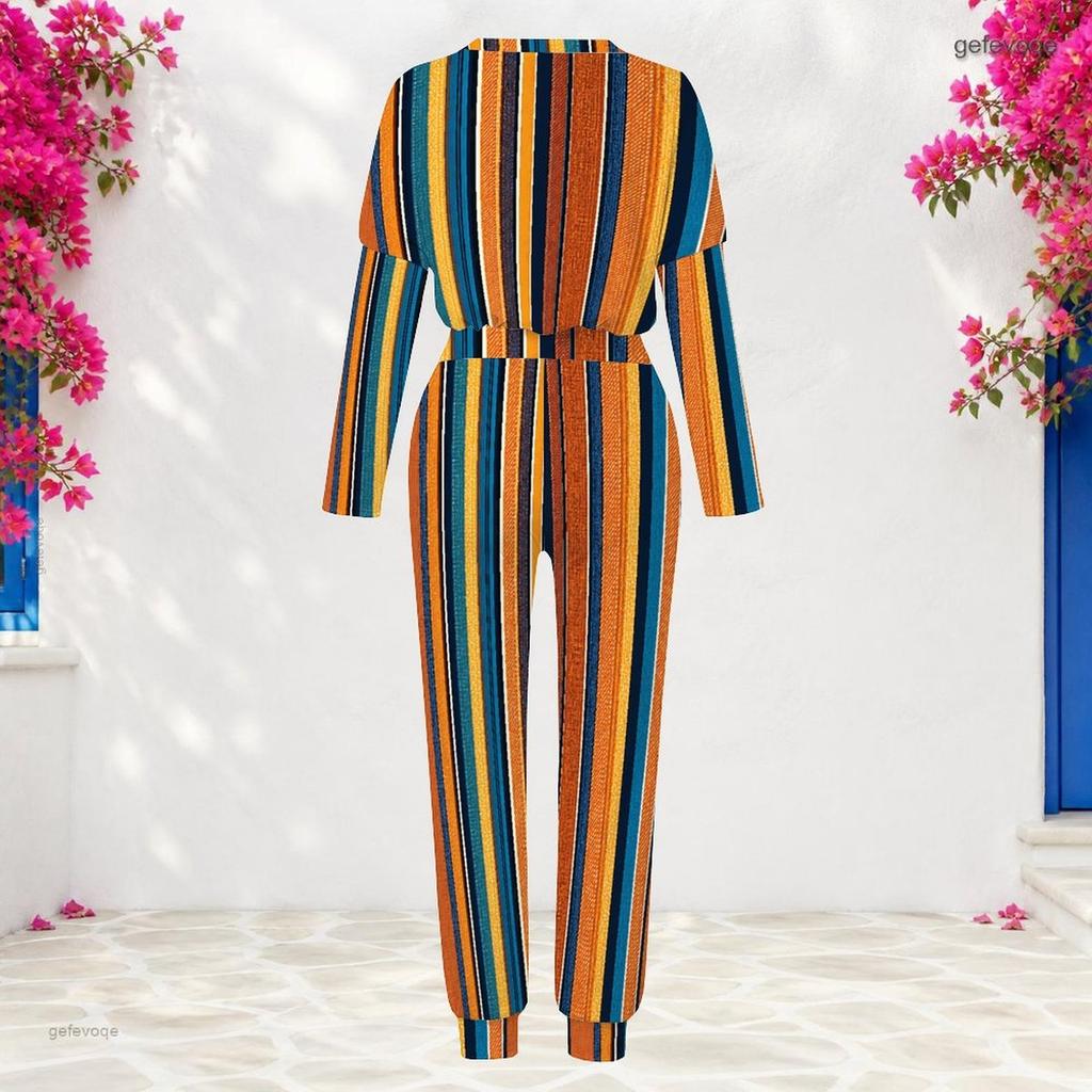 Women Plus Size Round Neck Long Sleeve Plaid Printed Cuffed Top And Pants Two Piece Set