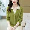 Fashion Color Block Fake Two Pieces Sweater Women Autumn and Winter Polo Collar Casual Thin Office High Quality All-match Top