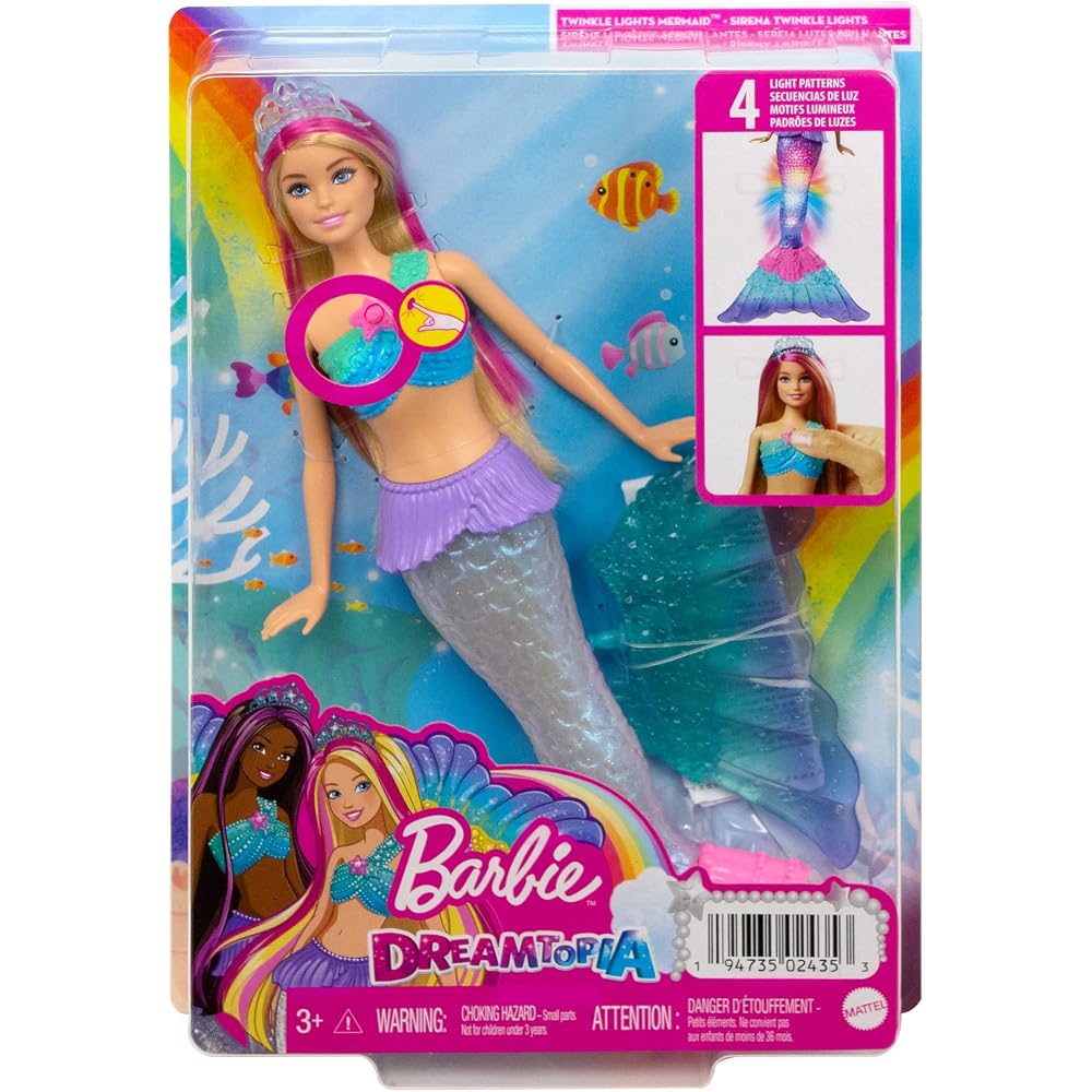 Barbie Sparkling Mermaid Doll with Light-Up Tail for Ages 3 and Up