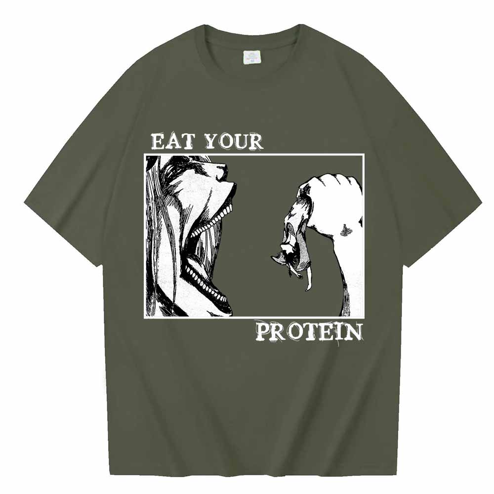 Attack On Titan TShirts Eat Your Protein Shirt Unisex Unisex Summer Casual ONeck Short Sleeve Shirts