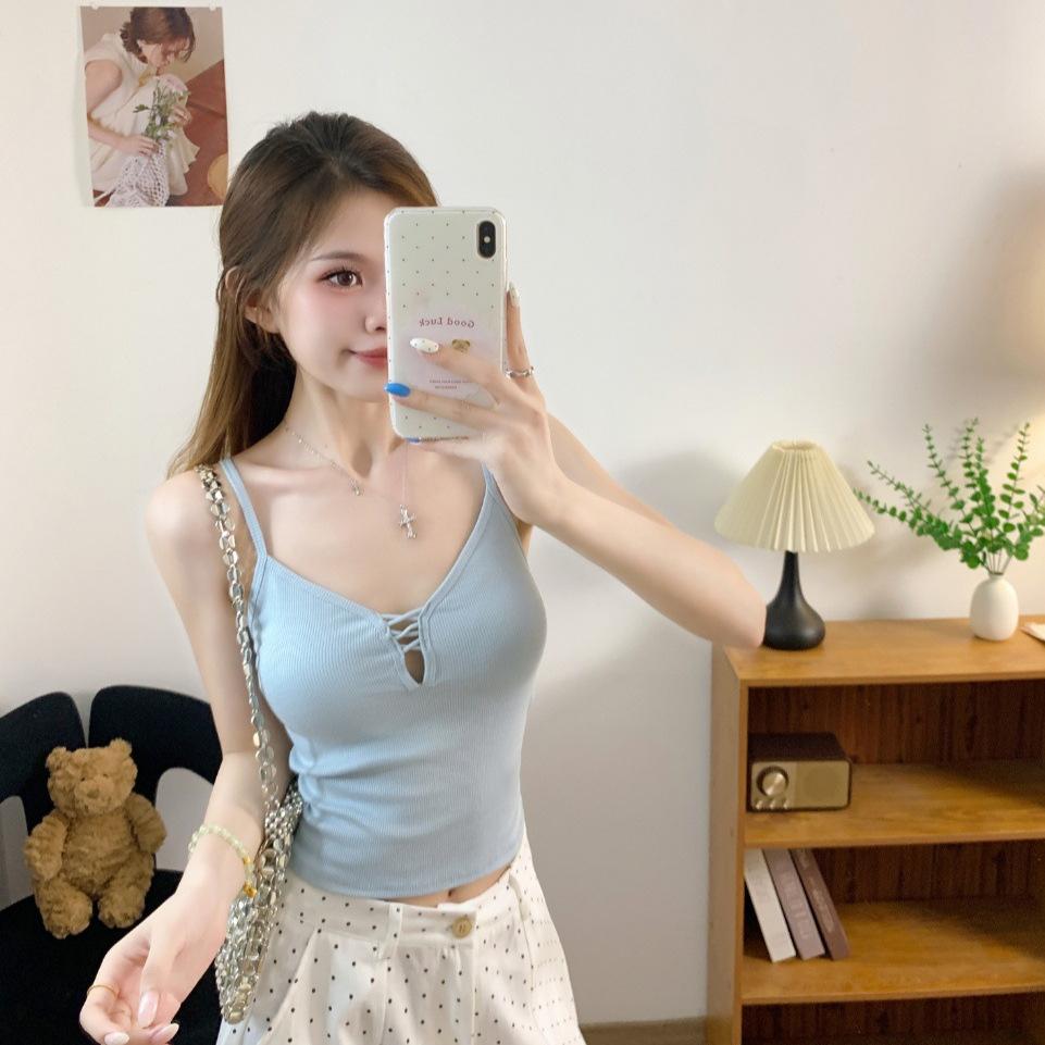 #Летний новый стиль чистой сексуальности, полый, скрещенный, на бретельках, жилет, женский, облегающий, с фиксированной вставкой на груди, топ