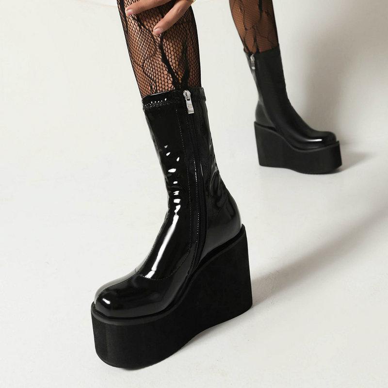 Легкая подошва из пеноматериала, платформа, танкетка, туфли на высоком каблуке для девочек, блестящая лакированная искусственная кожа, красные, белые эластичные ботильоны, готические женские черные сапоги