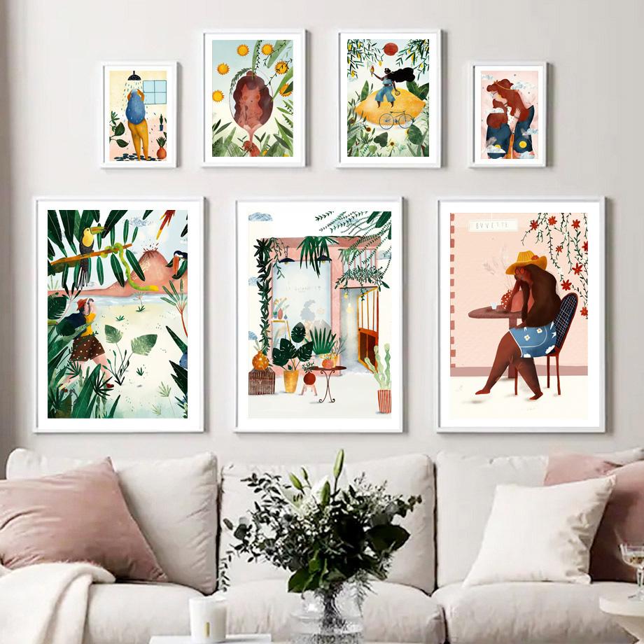 Summer Girl A Little Nap Wild Flower Jungle Plants Wall Art Print Canvas Painting Nordic Poster Decor Pictures For Living Room
