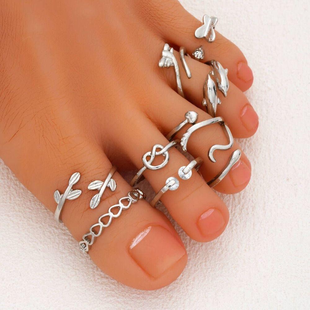 Vintage Heart Toe Rings Zinc Zinc Alloy Crystal Finger Ring Sweet Butterfly Foot Ring Set  Girls