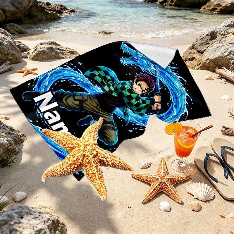 Custom Name Personalized Demon Slayer Print Beach Towel, for Trip Camping Beach Party Home Decor, Birthday Gift for Family & Friends