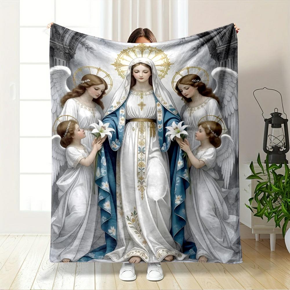Holy Figures with Angels on BlanketFlannel blanket for bedroom, living room, sofa, and nap