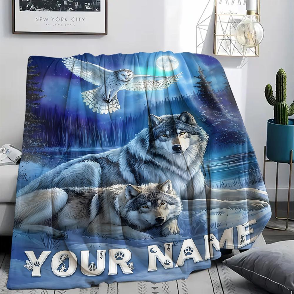 1PC Custom Name Wolf Family MoonNight Patterned Flannel Blanket Suitable For All Seasons for Home Decor Warmth and Comfort Gifts Holiday Present_lx