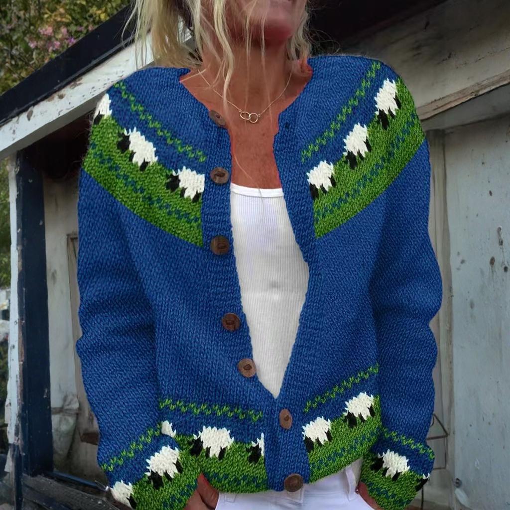 Кардиганы в стиле Fair Isle для женщин, с круглым вырезом, свободного кроя, на пуговицах, объемный свитер, с открытой передней частью, повседневная вязаная куртка на осень