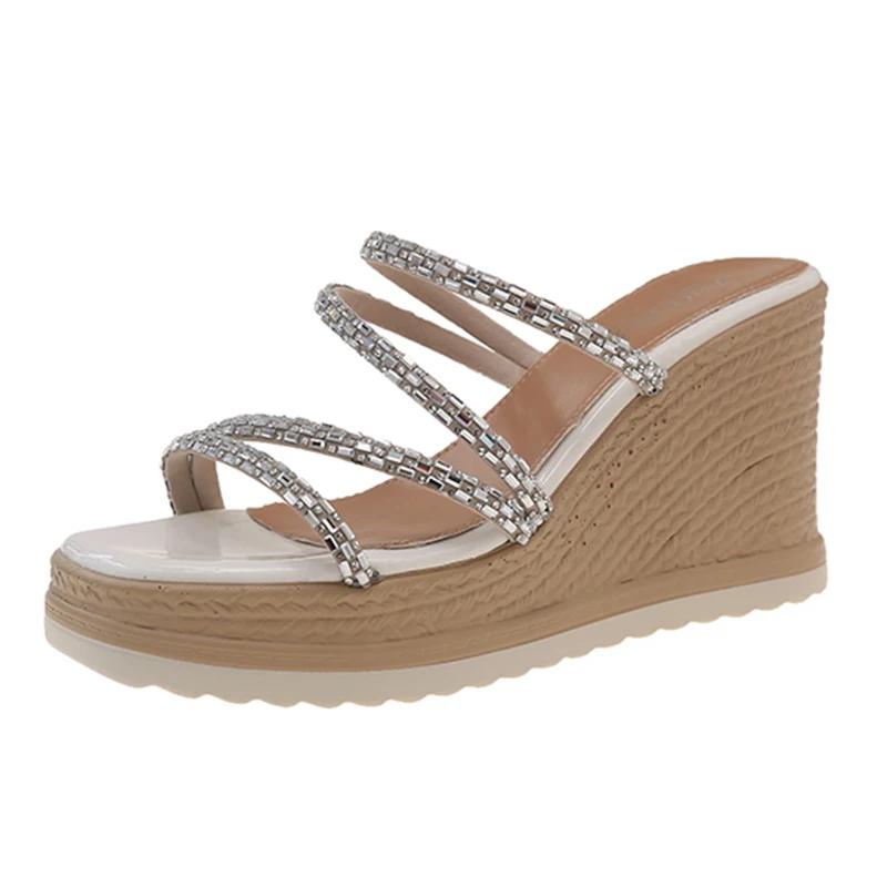 Модные блестящие хрустальные сандалии на танкетке для женщин 2025 лето массивные шлепанцы на платформе женская модная обувь на толстой подошве для вечеринок сандалии женские