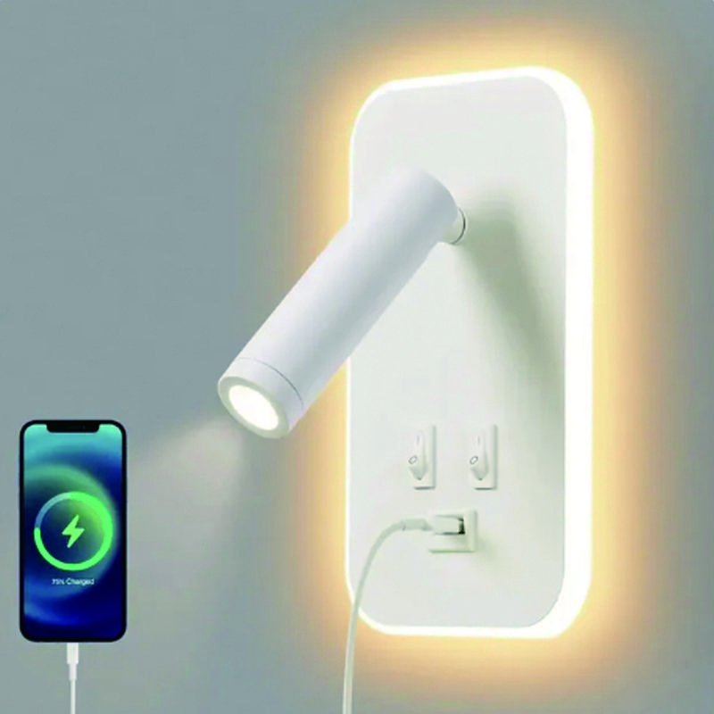 Светодиодный настенный светильник с зарядкой через USB и двойным переключателем управления, головка лампы может вращаться на 330 ° для внутреннего освещения коридора у кровати