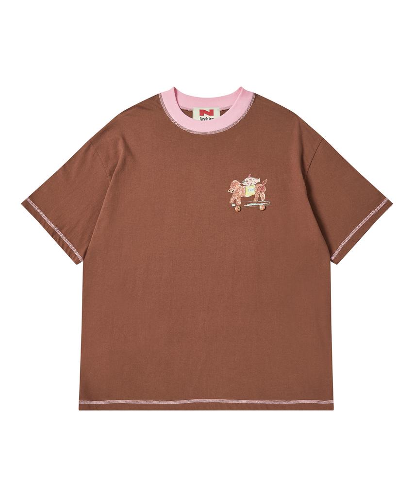 BEYOND CLOSET [Collection Line] Hand-Print Detail Cotton Short Sleeve T-Shirt Brown