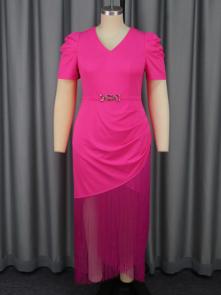 AOMEI Женские длинные платья с бахромой и розовым принтом, с V-образным вырезом, с коротким рукавом, с высокой талией, с пакетом на бедрах, вечерние банкетные платья с кисточками