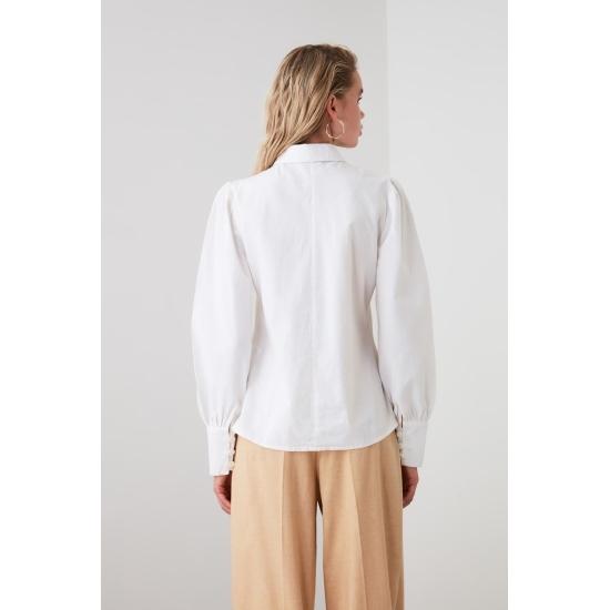 White Woven Balloon Sleeve Basic Stylish Cotton Shirt