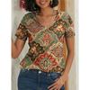 Женская футболка Бохо-рубашки с принтом пейсли зеленого цвета с V-образным вырезом и коротким рукавом в винтажном этническом стиле Повседневная летняя рубашка для отпуска
