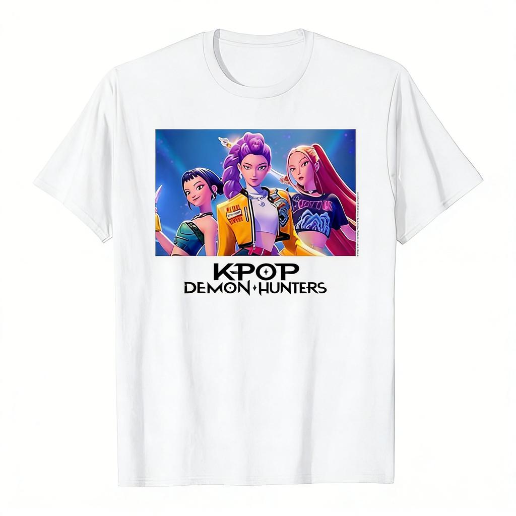 Kpop Охотники на демонов Аниме Графическая футболка Женская Мужская Футболка с коротким рукавом 2026 Лето Уличная одежда Принт с корейской женской группой Модные Топы