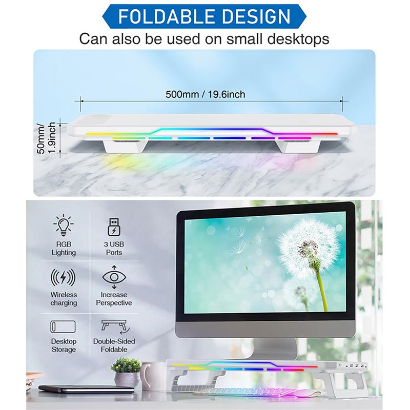 Подставка-подъемник для монитора с 3 портами USB 2.0 + Беспроводная зарядка + RGB-подсветка Складная офисная подставка для компьютера Стеллаж для хранения
