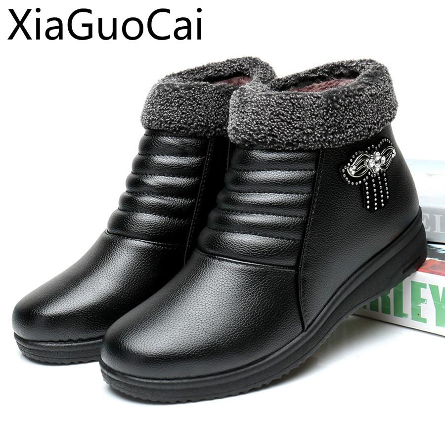 Winter Women's Ankle Boots Cotton-padded Plush Warm-keeping Leather Ladies Winter Boots Skid-proof Working Women Flat Boots