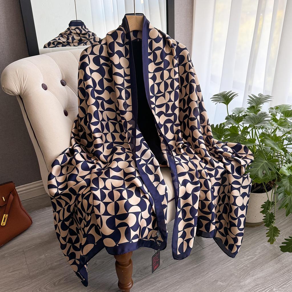 New Geometry Design Large Silk Soft Scarf Women Stylish Print Long Shawl Handkerchief Summer Sun Protection Elegant Travel Wrap