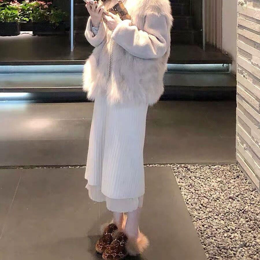 Двусторонняя плиссированная женская осенне-зимняя вязаная миди-юбка А-силуэта в облегающем стиле для сочетания со свитерами